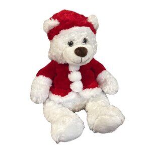 CHRISTMAS Teddy Bear White Plush Stuffed Animal Red Santa Hat Jacket Toy